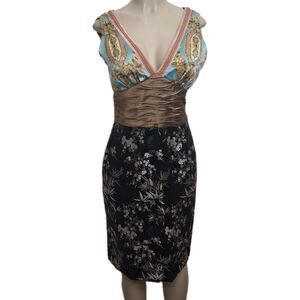 Gorgeous PHOEBE Asian Print Silk Dress Sz.8 Mixed Print Plunge V-Neck Retro